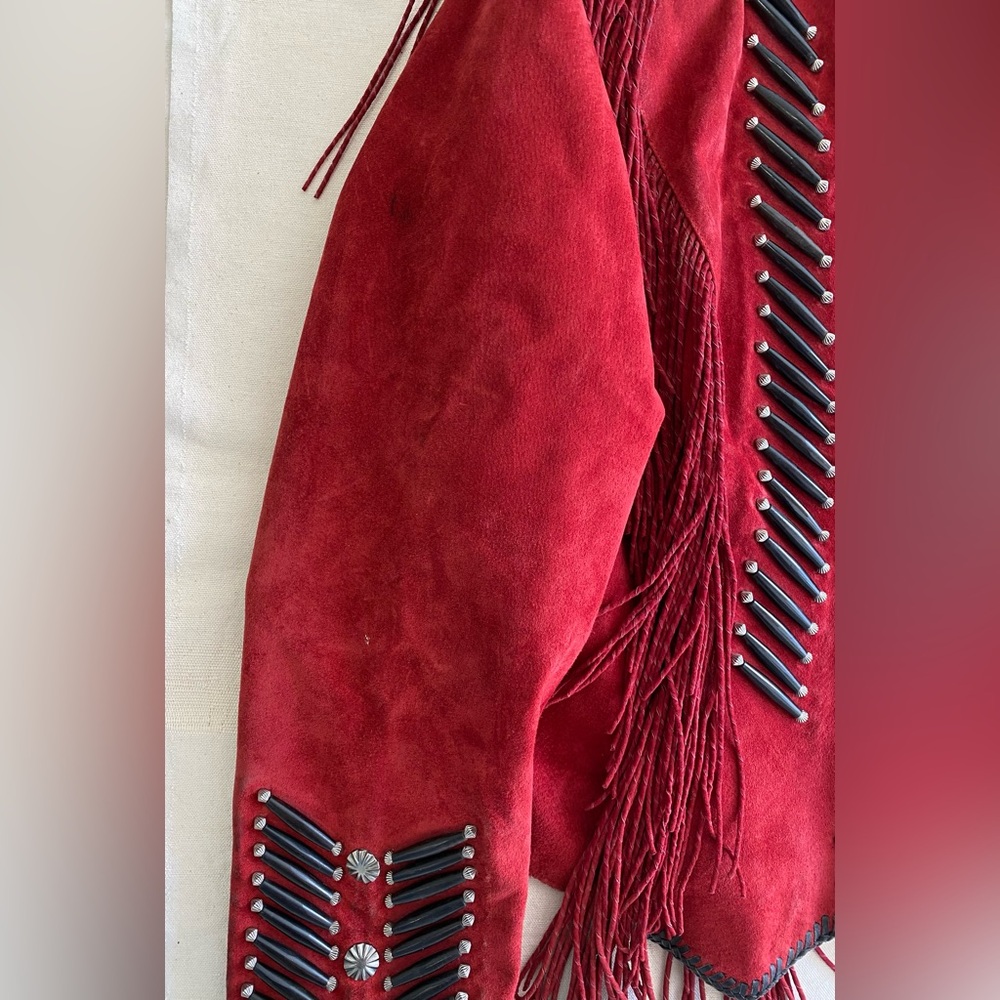 Cripple Creek Vintage 90s Red Leather Beaded Fringe Jacket Native Boho Bold XL - Picture 6 of 16
